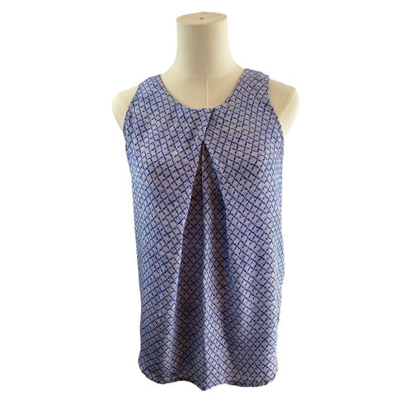 XS Cynthia Rowley Womens 100% Silk Blue Print Pullover Pleat Front Blouse - Picture 1 of 11
